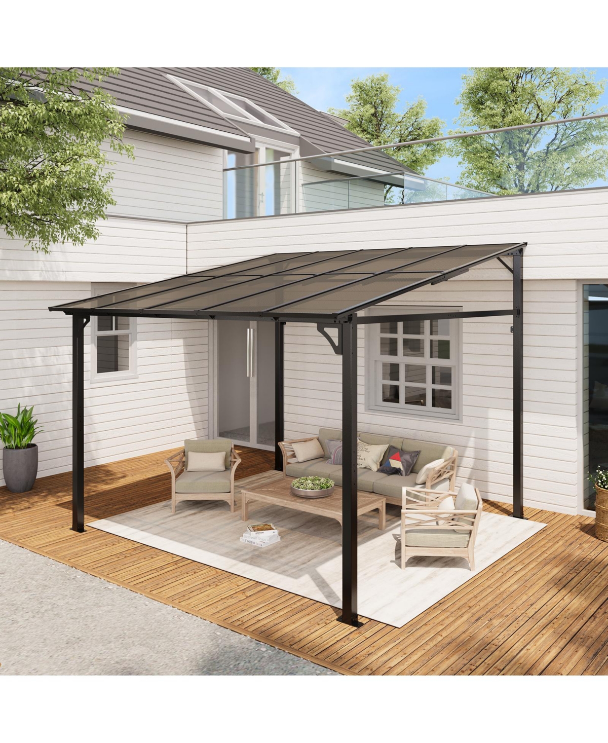 GarveeLife 10x10Feet Outdoor Wall Mounted Patio Hardtop Gazebo Pergola with Polycarbonate Roof