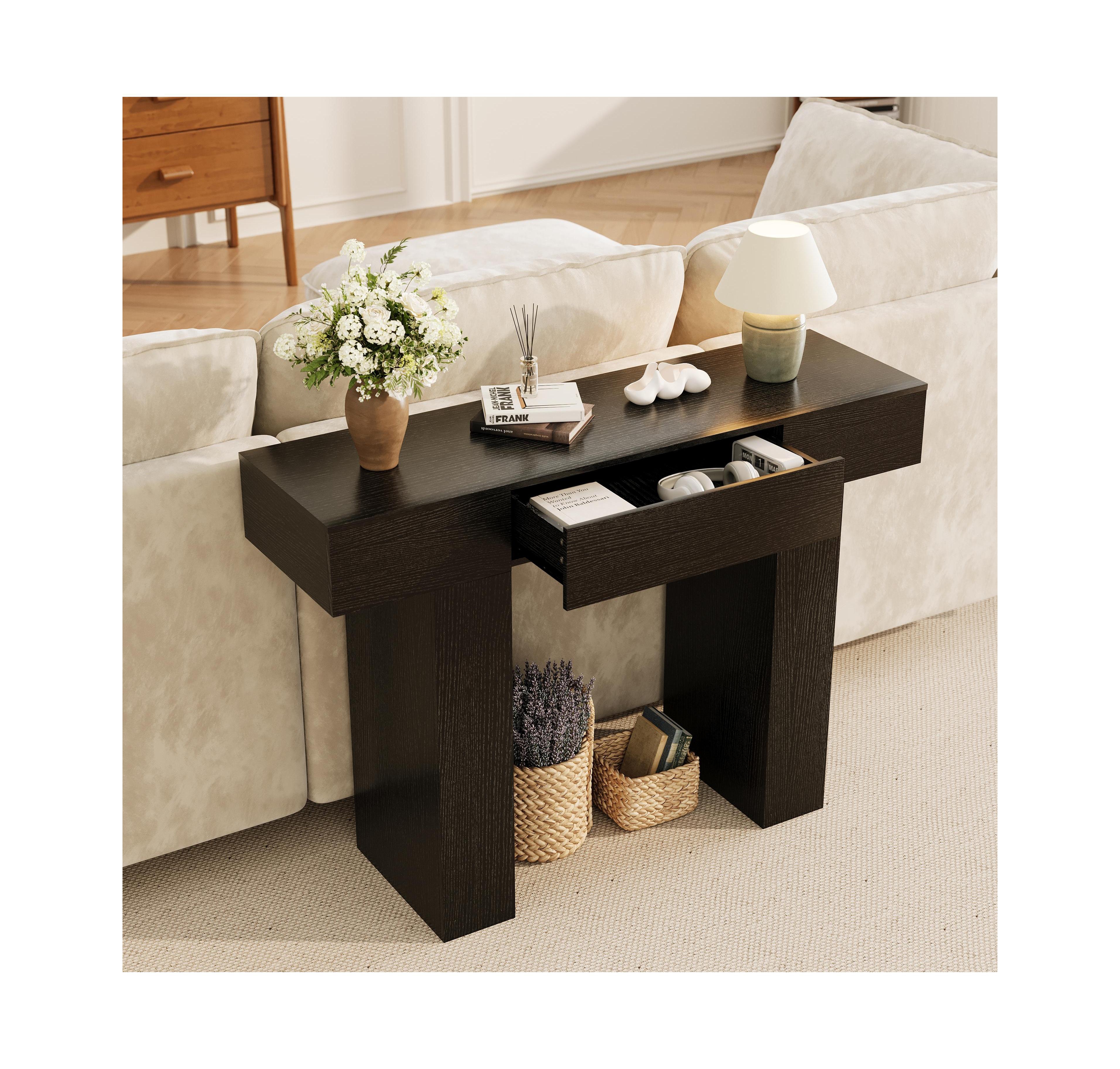 47" Console Table with Drawer, Modern Farmhouse Entryway Table, Walnut Wood Sofa Narrow Accent for Hallway, Foyer and Living Room