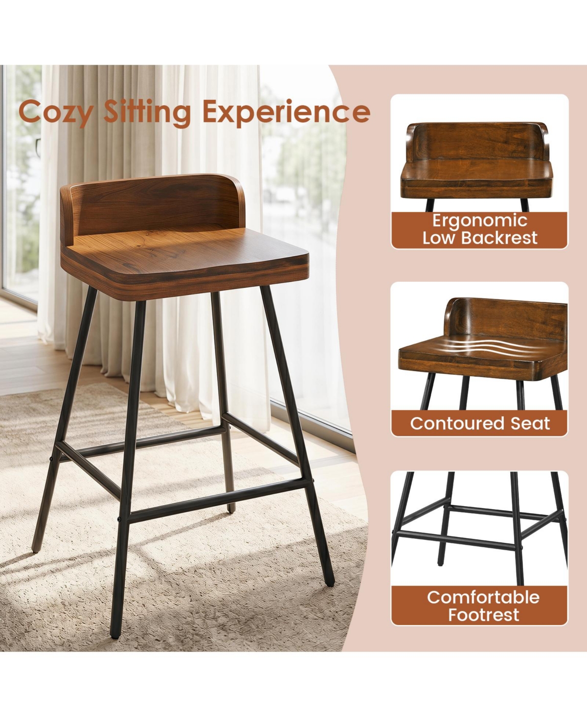 Gymax 24'' Counter Height Bar Stool with Low Back Metal Legs Footrest for Kitchen Island