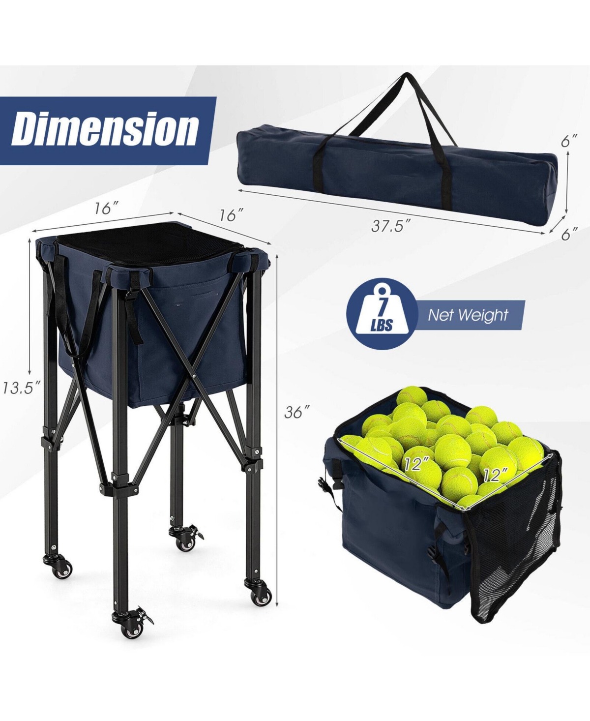 Glintex Tennis Ball Cart, Holds 150 Balls, Folding Aluminum Frame