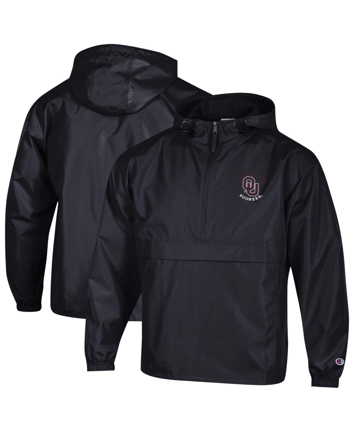 Champion Men's Black Oklahoma Sooners Packable Hooded Windbreaker Half-Zip Jacket