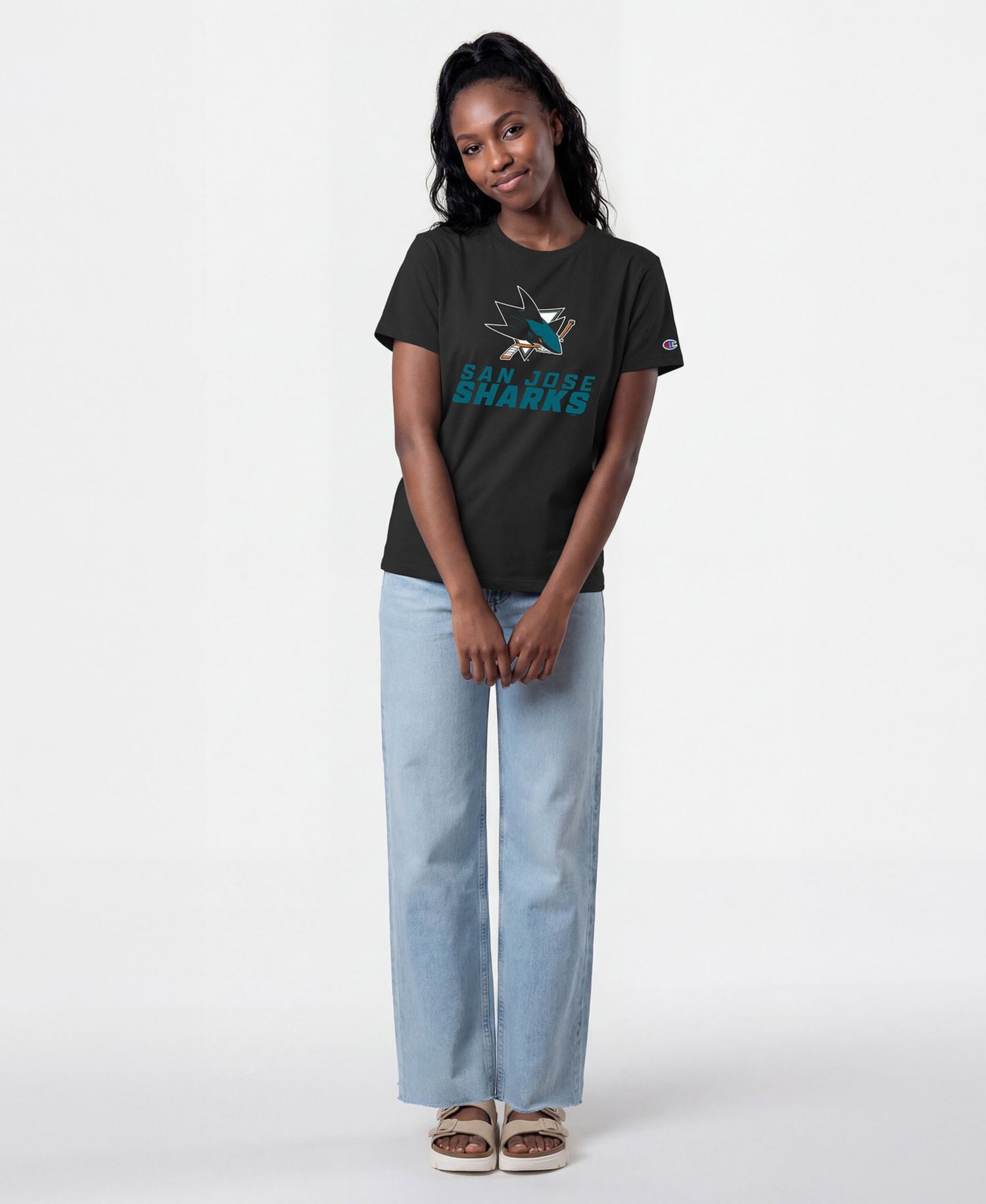Women's San Jose Sharks Wordmark Lockup Screen Print Crewneck T-Shirt