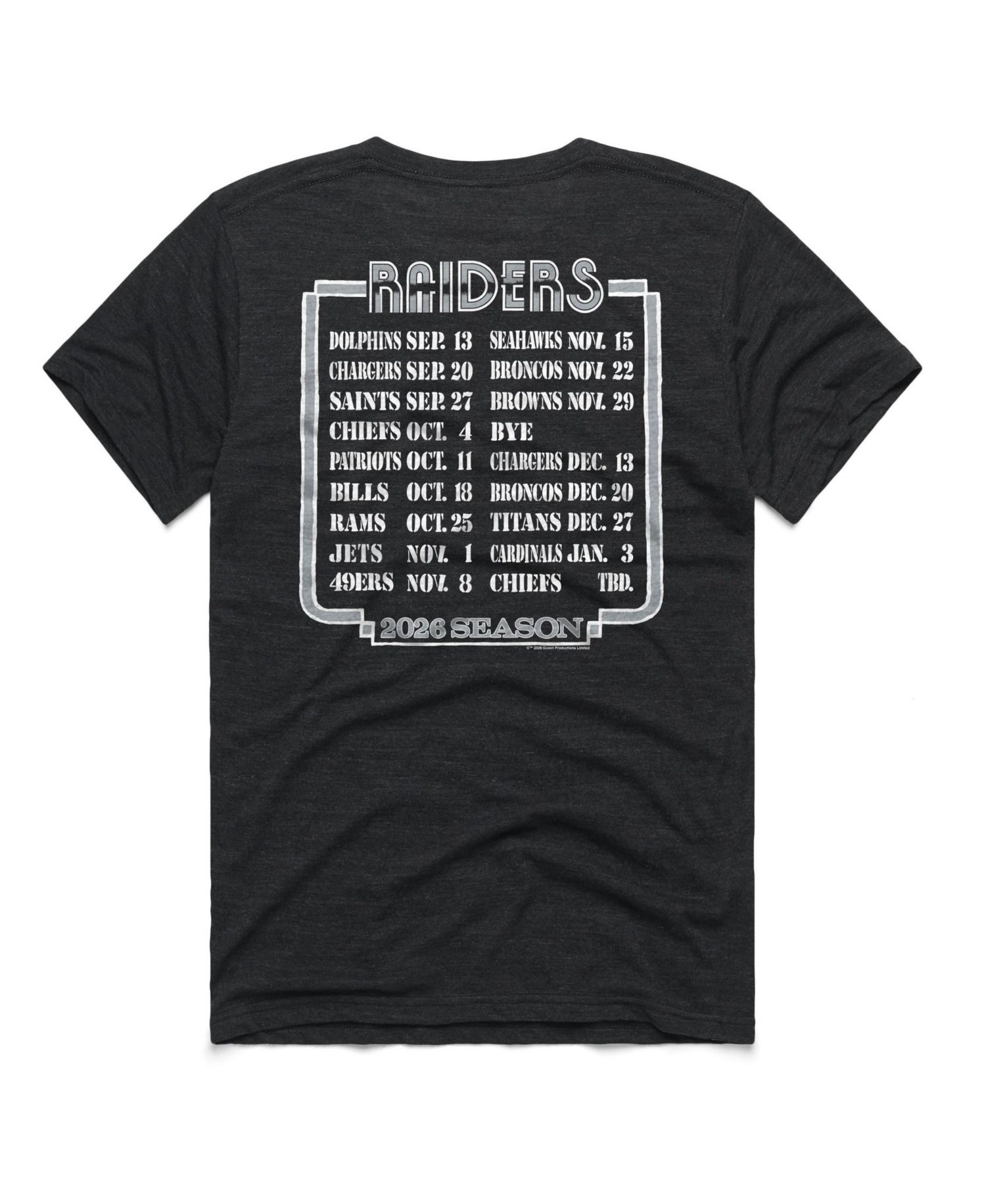 Men's and Women's Charcoal Las Vegas Raiders 2026 NFL Schedule Queen Tri-Blend T-Shirt