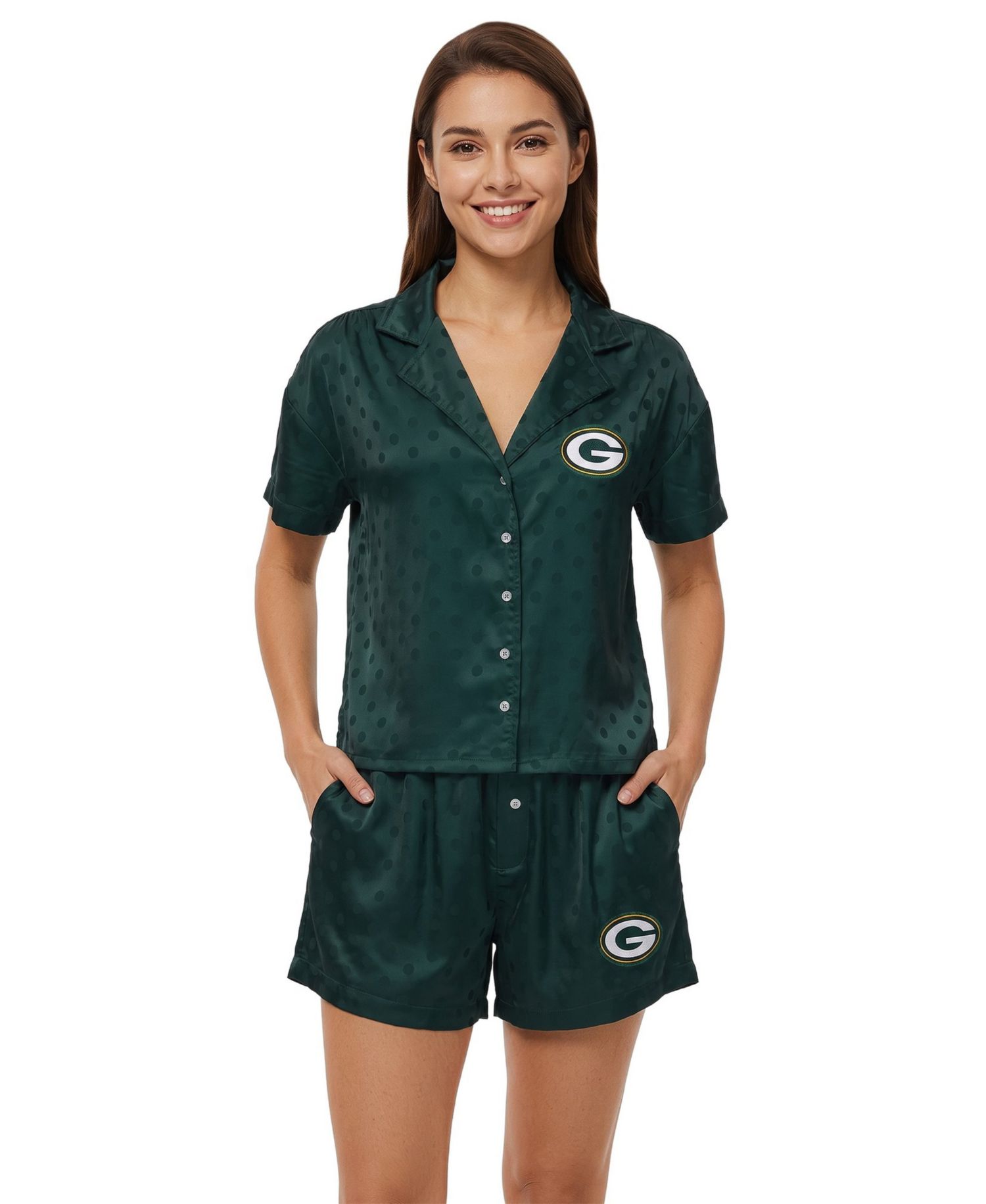 Women's Green Bay Packers Wink Dot Satin Jacquard Short-Sleeve Pajama Shirt and Shorts Set