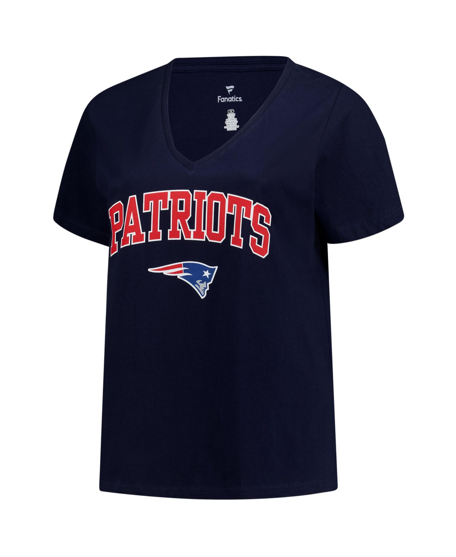Plus Size New England Patriots Arch Over Logo V-Neck Screen Print T-Shirt