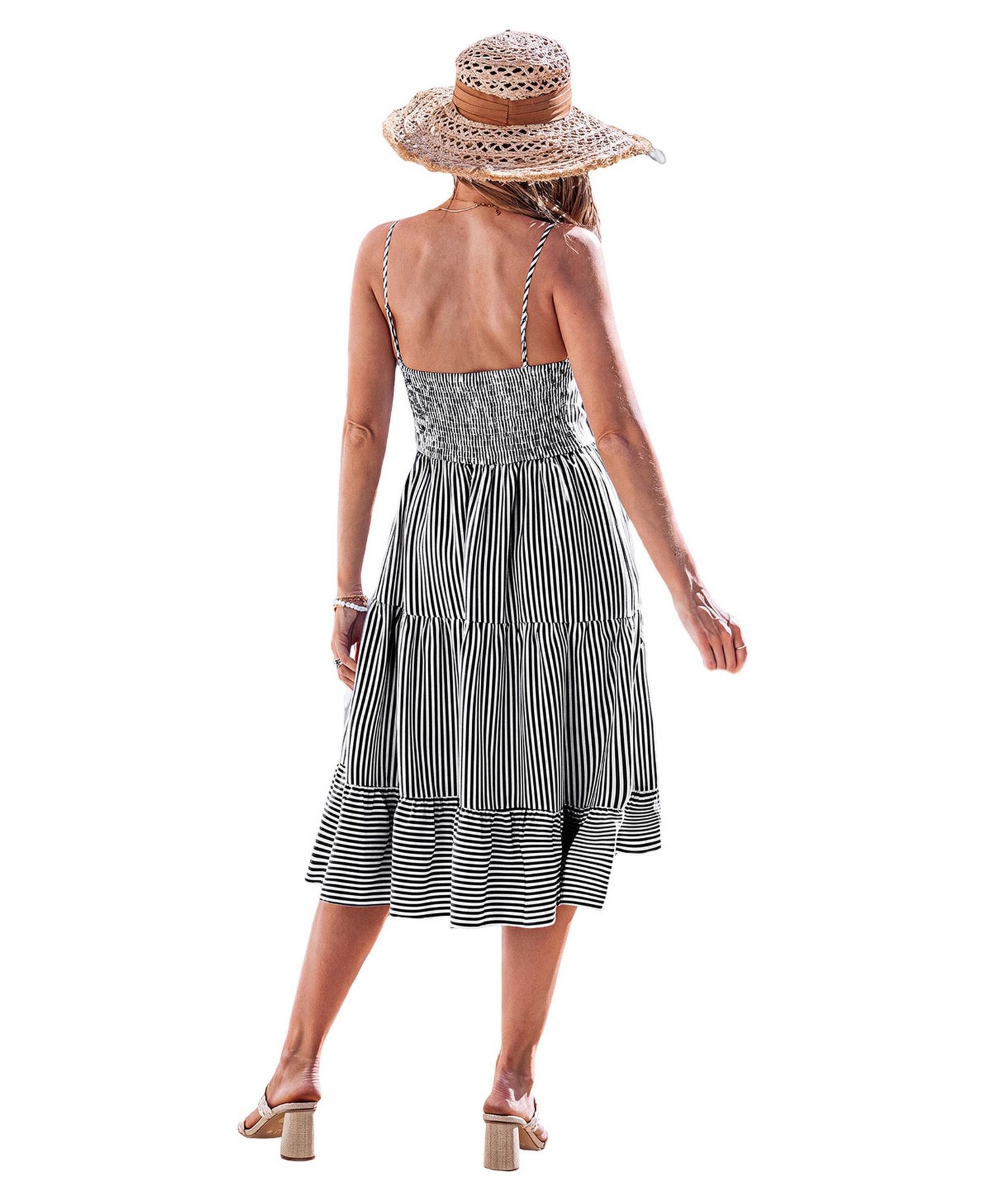 Women's Vertical-Stripe Spaghetti-Strap Tiered Midi Dress