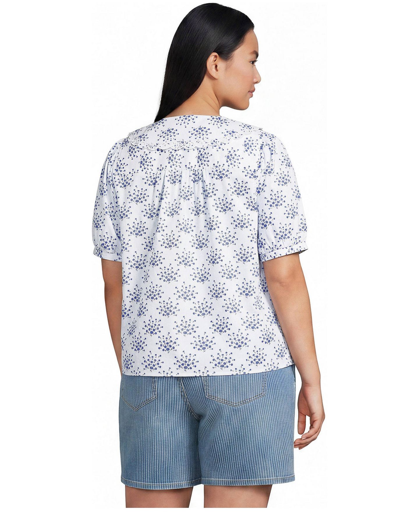 Женская блузка Lands' End Plus Size Ruffle-Collar Puff-Sleeve, цвет: Прозрачный синий небесно-голубой / Полосатый — фото 4