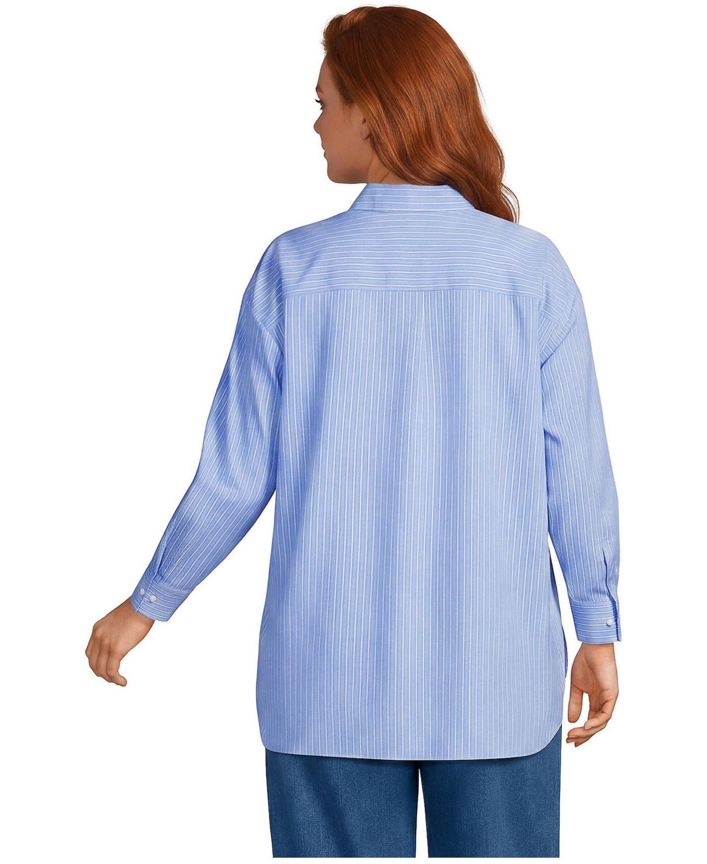 Женская рубашка Lands' End Plus Size Oversized No Iron Tunic with Statement Collar, цвет: Прозрачный синий небесно-голубой / Полосатый — фото 4