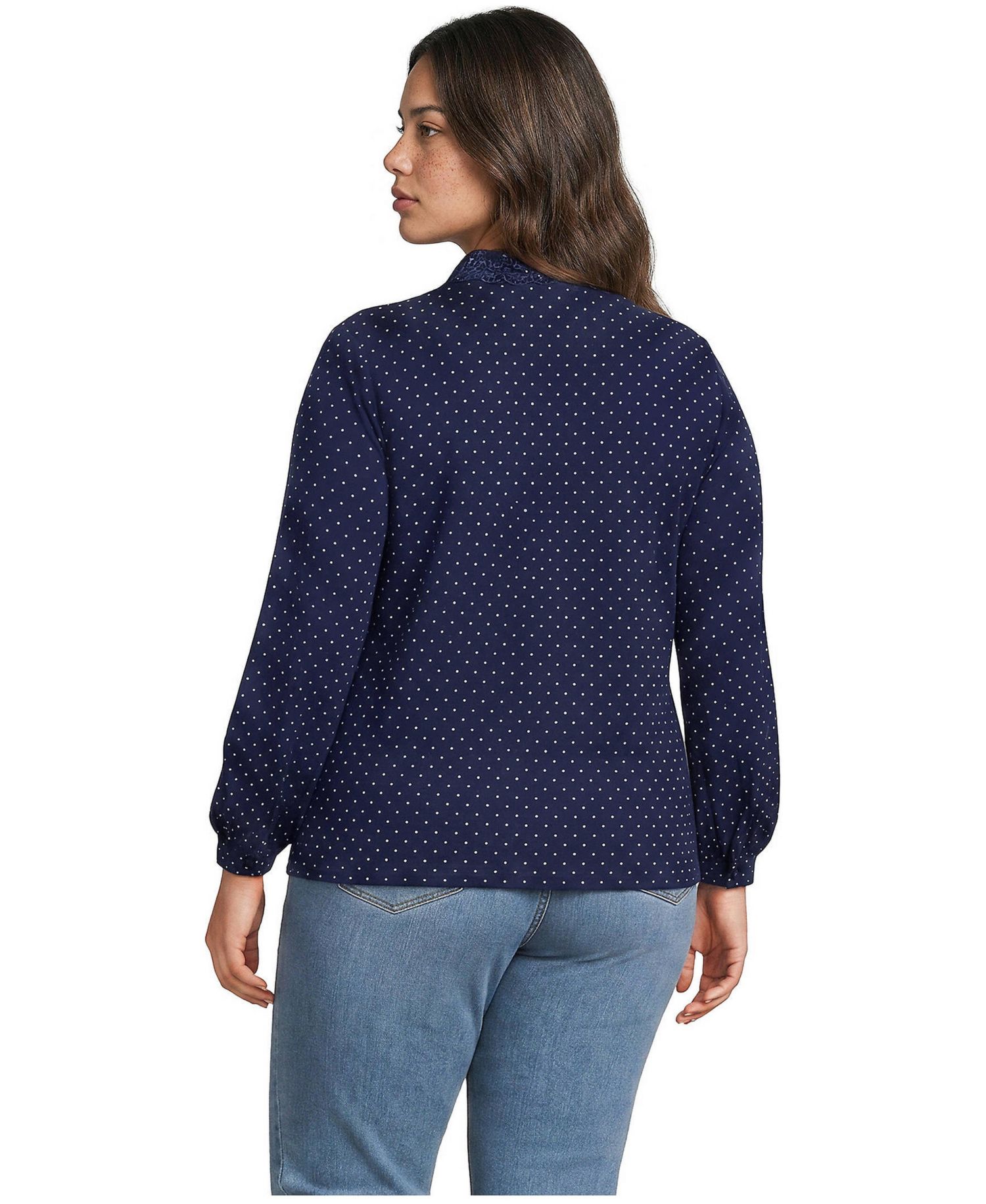 Plus Size Cotton Pintuck Lace Trim Collar Long-Sleeve Blouse