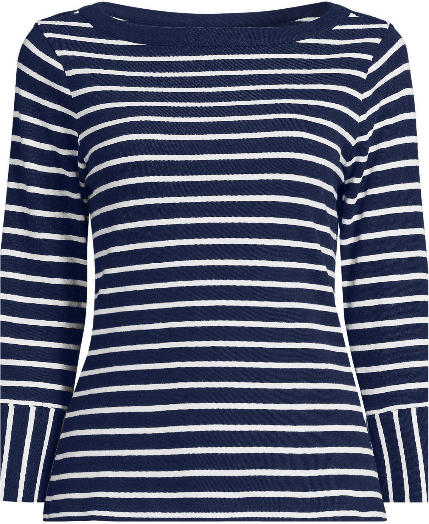 Женская футболка Lands' End Plus Size Boat Neck 3/4-Sleeve Cotton, цвет: Глубокий морской полосатый — фото 1