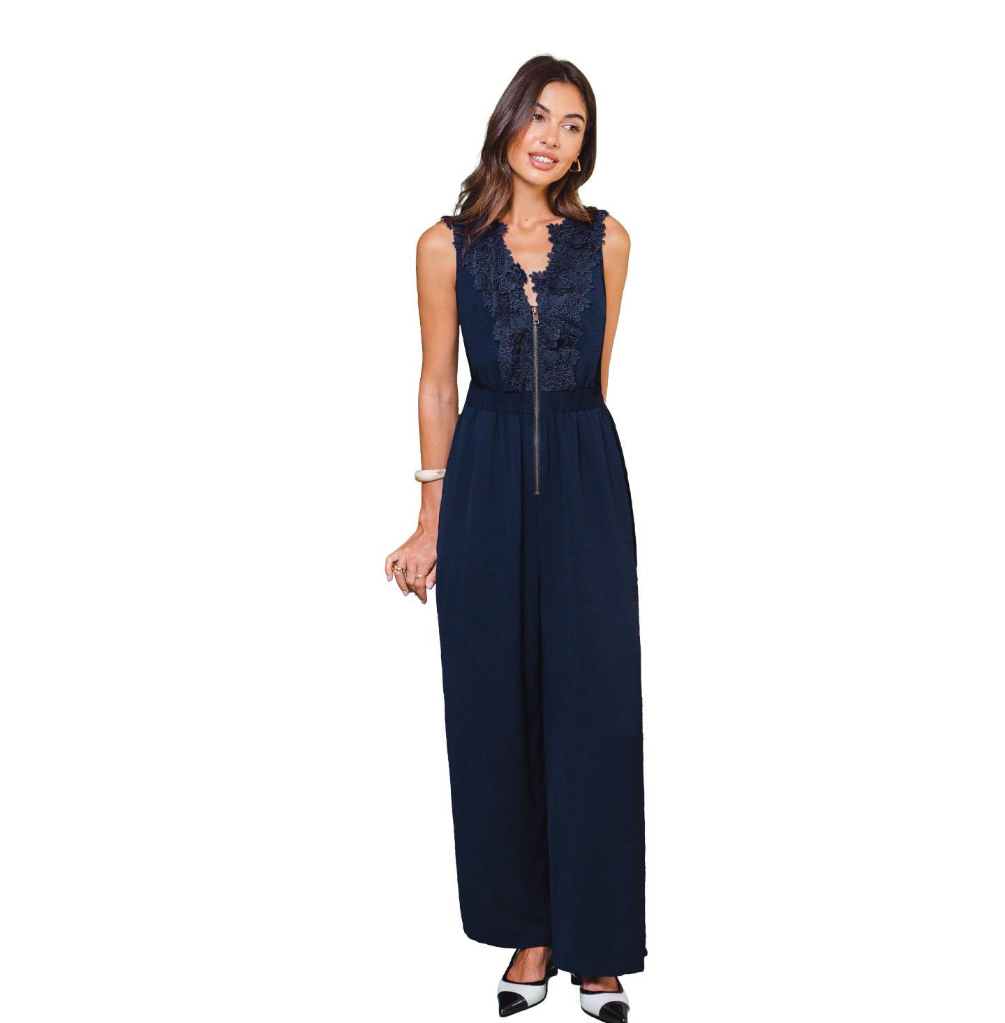 Женский комбинезон Cupshe Compliment Blue V-Neck Front Zipper Wide-Leg Jumpsuit, цвет: Тёмный синий — фото 4