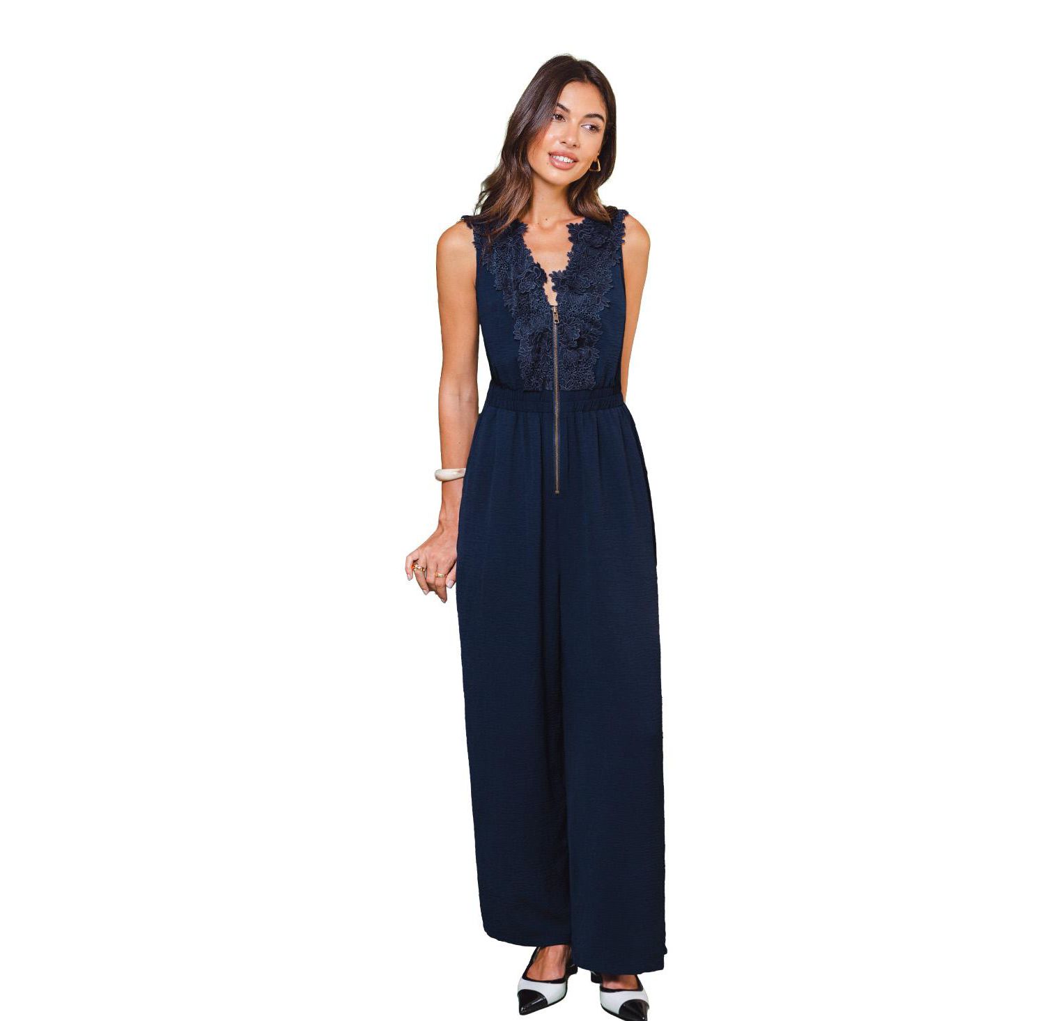 Women's Compliment Blue V-Neck Front Zipper Wide-Leg Jumpsuit