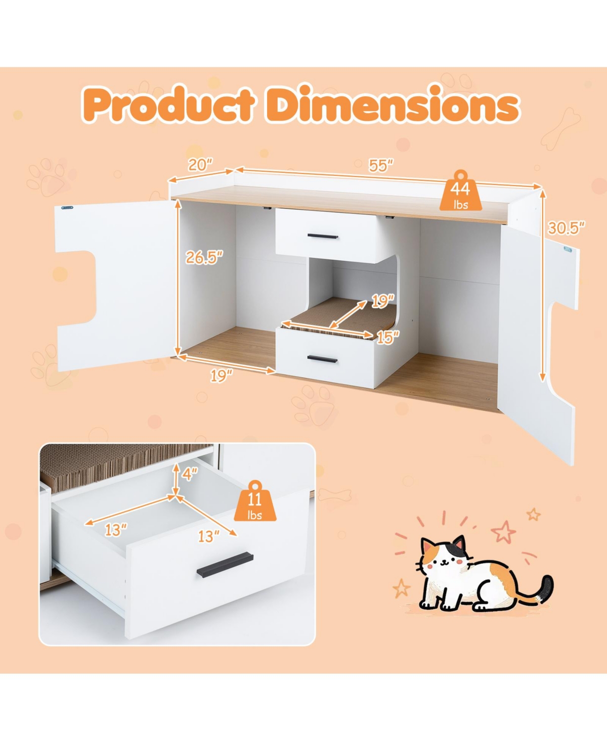 Gymax Cat Litter Box Enclosure Wooden Hidden Cat House Cabinet w/ Wide Countertop