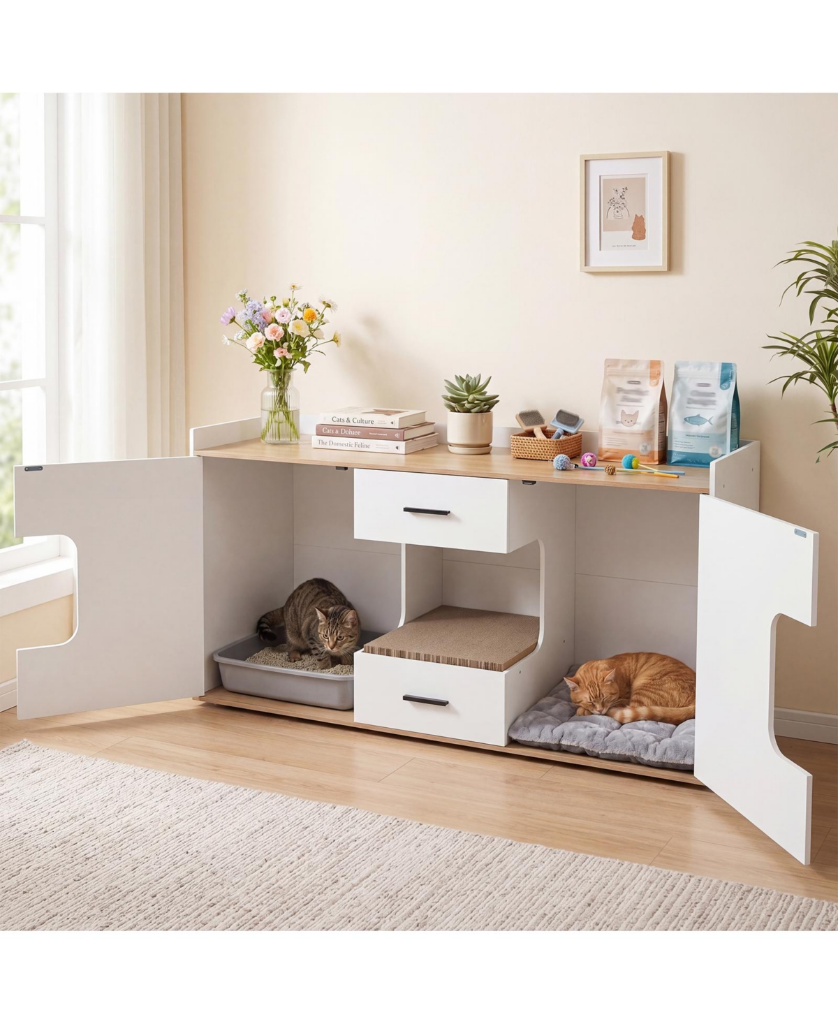 Gymax Cat Litter Box Enclosure Wooden Hidden Cat House Cabinet w/ Wide Countertop