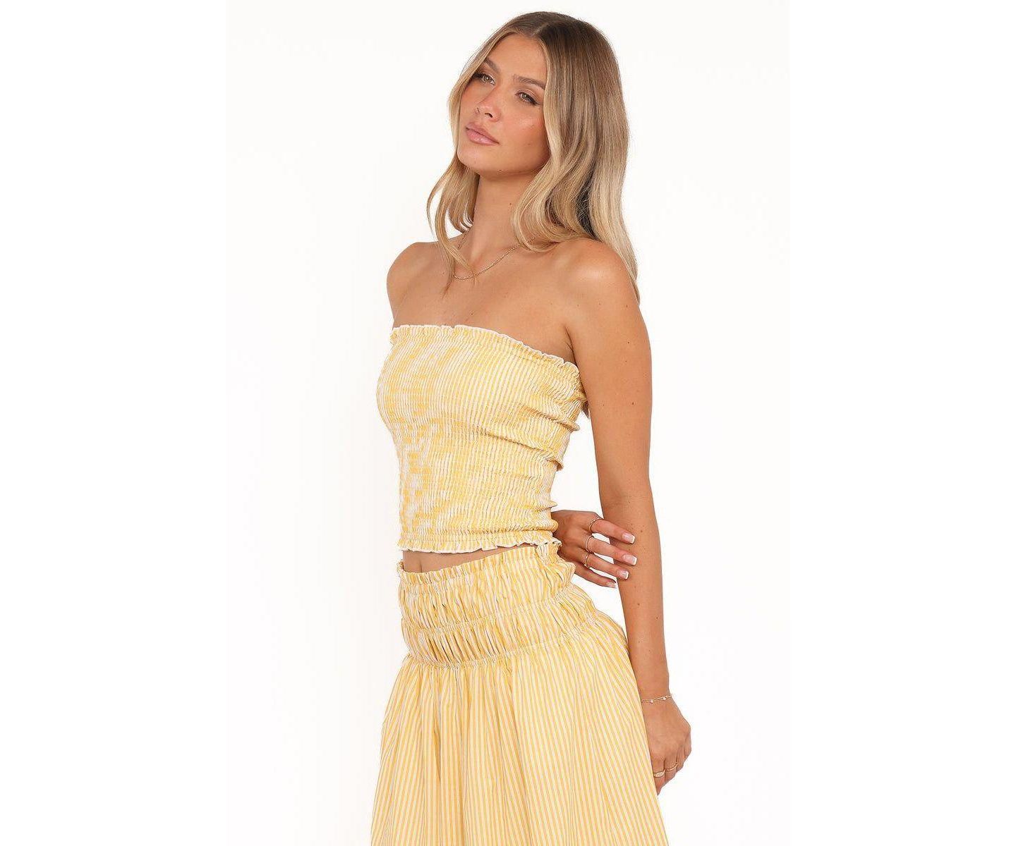 Женский топ Petal and Pup Salome Strapless Shirred Bodice Tube, цвет: Манговый полосатый — фото 2