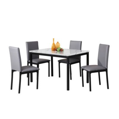 5-Piece Metal Dining Set, Faux Marble Top Table with 4  Faux Leather Chairs