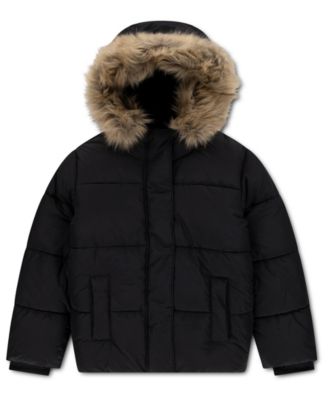 Girls' 4-16 Ultra Hooded Faux Fur-Trim Puffer Jacket