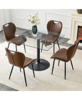 5-Piece Square Glass Dining Set, Single-Column Metal Table and 4 PU Handle Chairs
