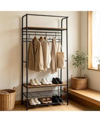 Entryway Hall Tree with Shoe Rack - Industrial Coat Rack and Storage Bench, 6 Hooks, 2-Tier Shoe Shelf, Quick Assembly