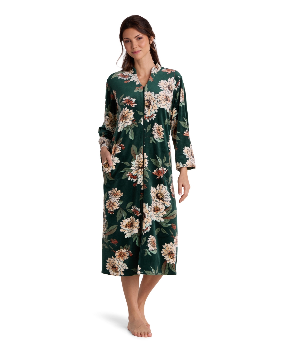 Miss Elaine Women's Fleece Zip-Front Robe - Ecru/emerald Blossoms