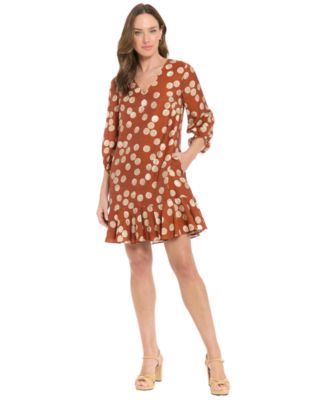 Women's Flounce Shift Polka-Dot Short-Sleeve V-Neck Dress