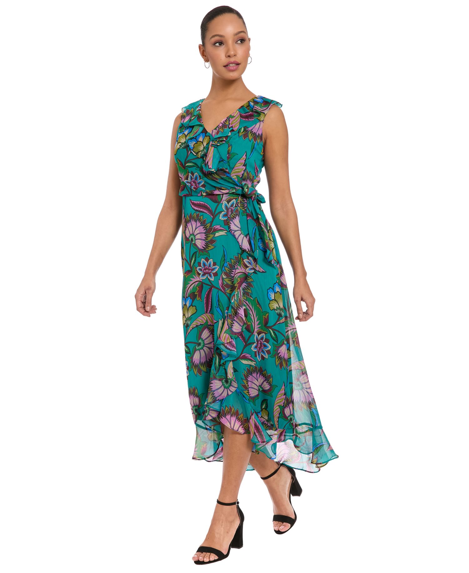 Women's Side Tie Ruffle Wrap High-Low Floral-Print Dress