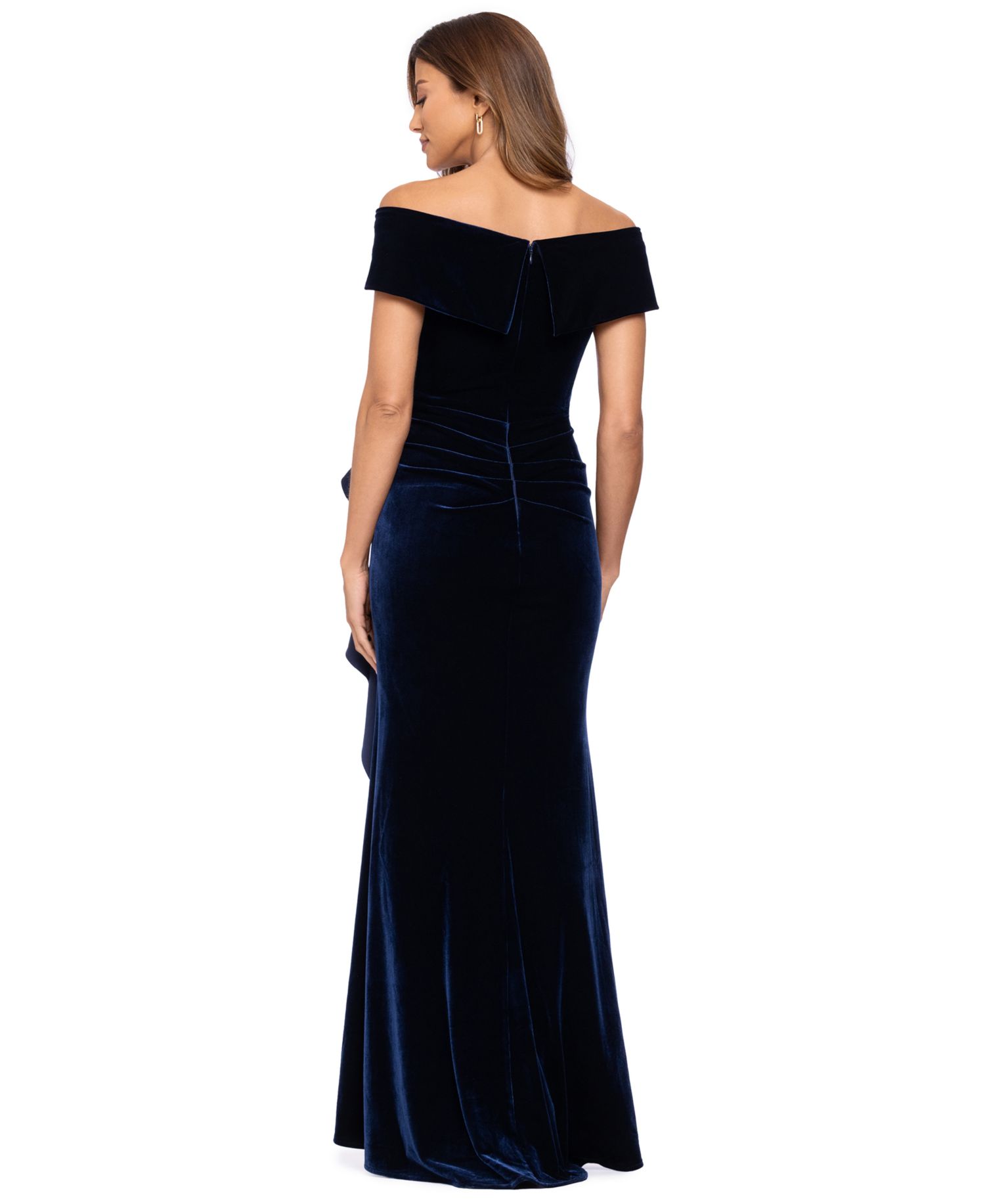 Petite Ruffled Off-The-Shoulder Velvet Gown