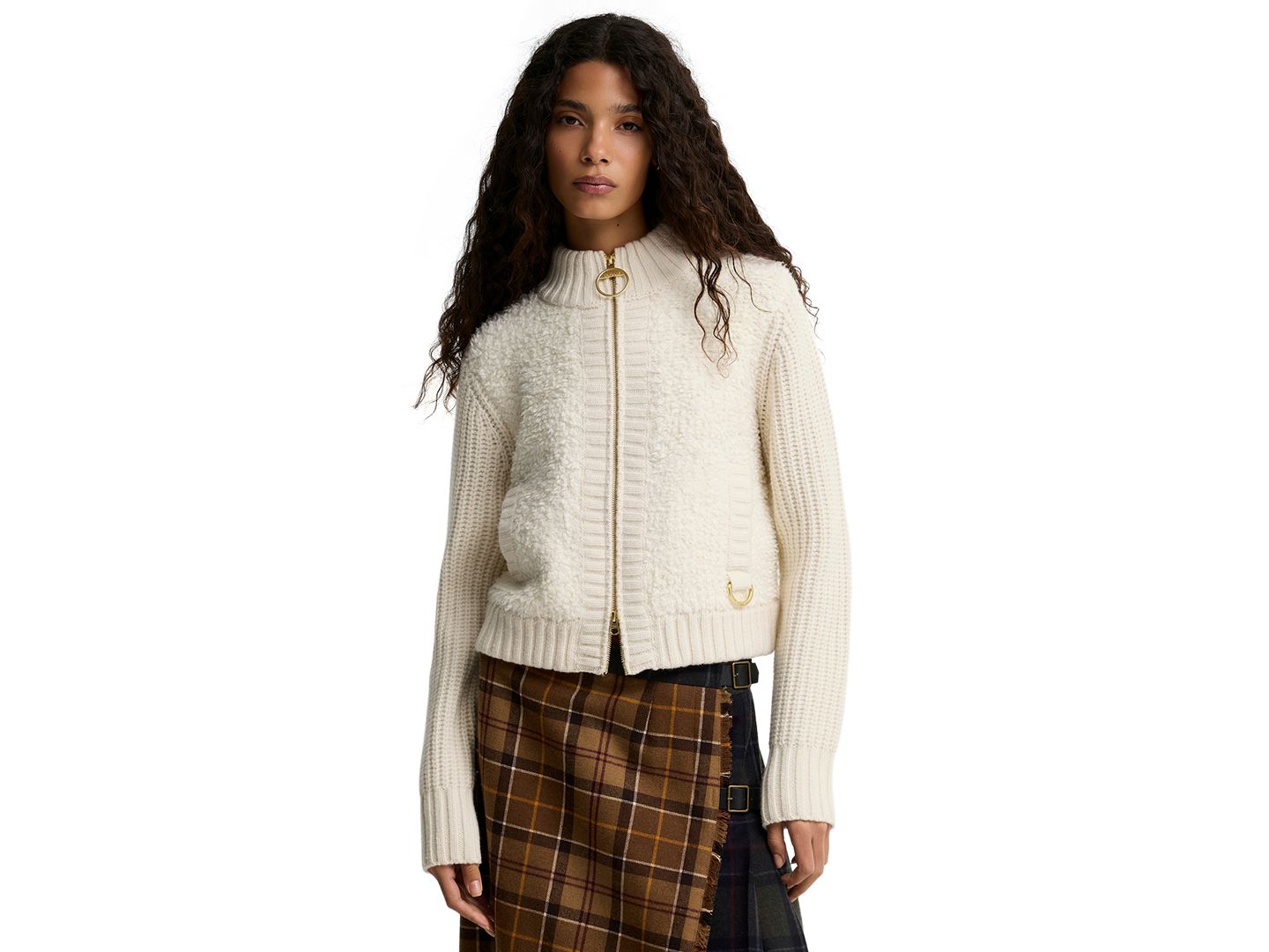 Женская куртка Barbour Hazelwood Wool-Blend Chunky-Knit Sherpa-Inspired Bomber, цвет: Экрю — фото 1