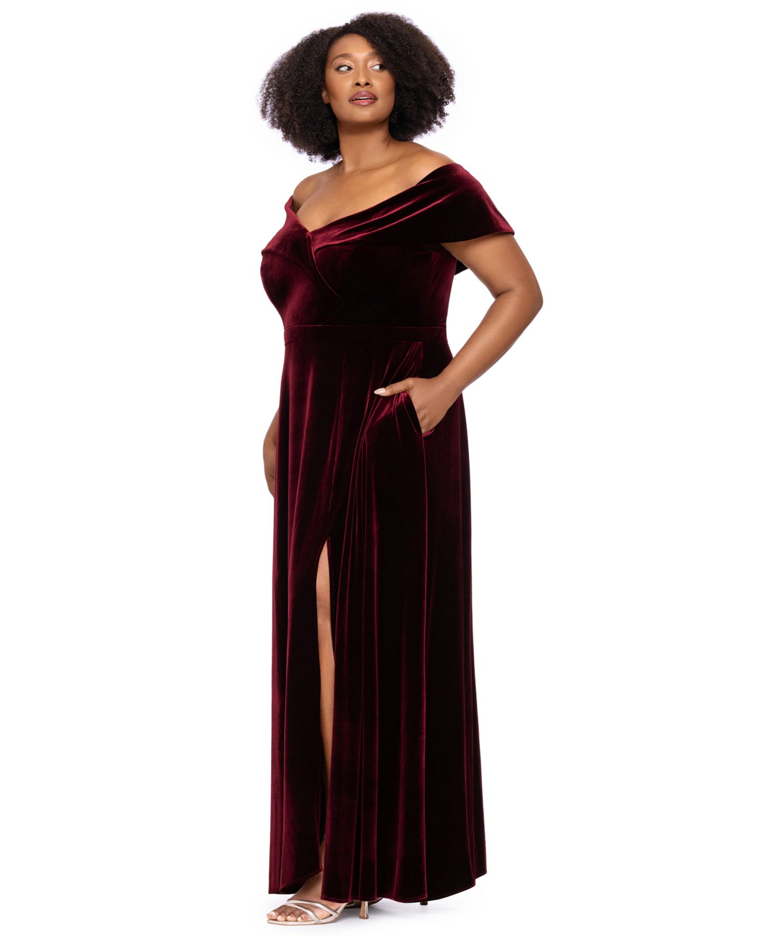 Plus Size Velvet Off-the-Shoulder A-Line Gown