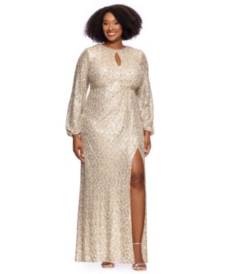 Plus Size Allover-Sequin Keyhole Long-Sleeve Gown