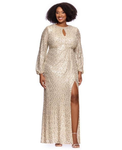 Женские платья XSCAPE Plus Size Allover-Sequin Keyhole Long-Sleeve Gown, цвет: Золотой серебряный