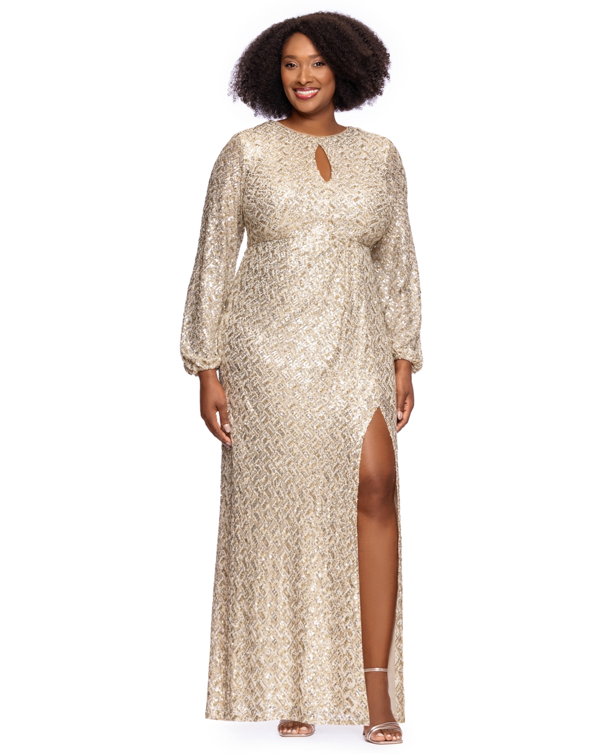 Xscape Plus Allover-Sequin Keyhole Long-Sleeve Gown