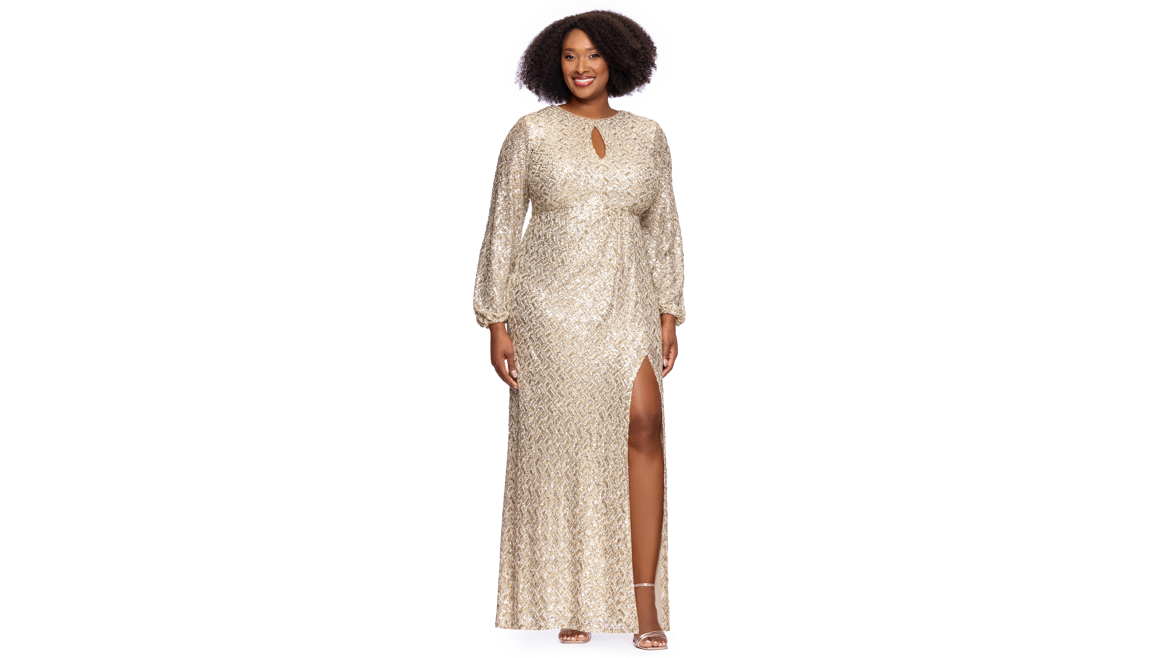 Xscape Plus Allover-Sequin Keyhole Long-Sleeve Gown