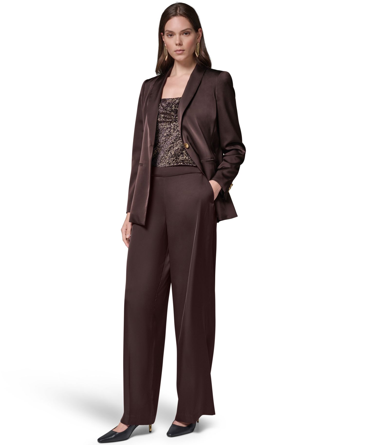 Petite Satin Shawl Lapel Shoulder-Padded Blazer