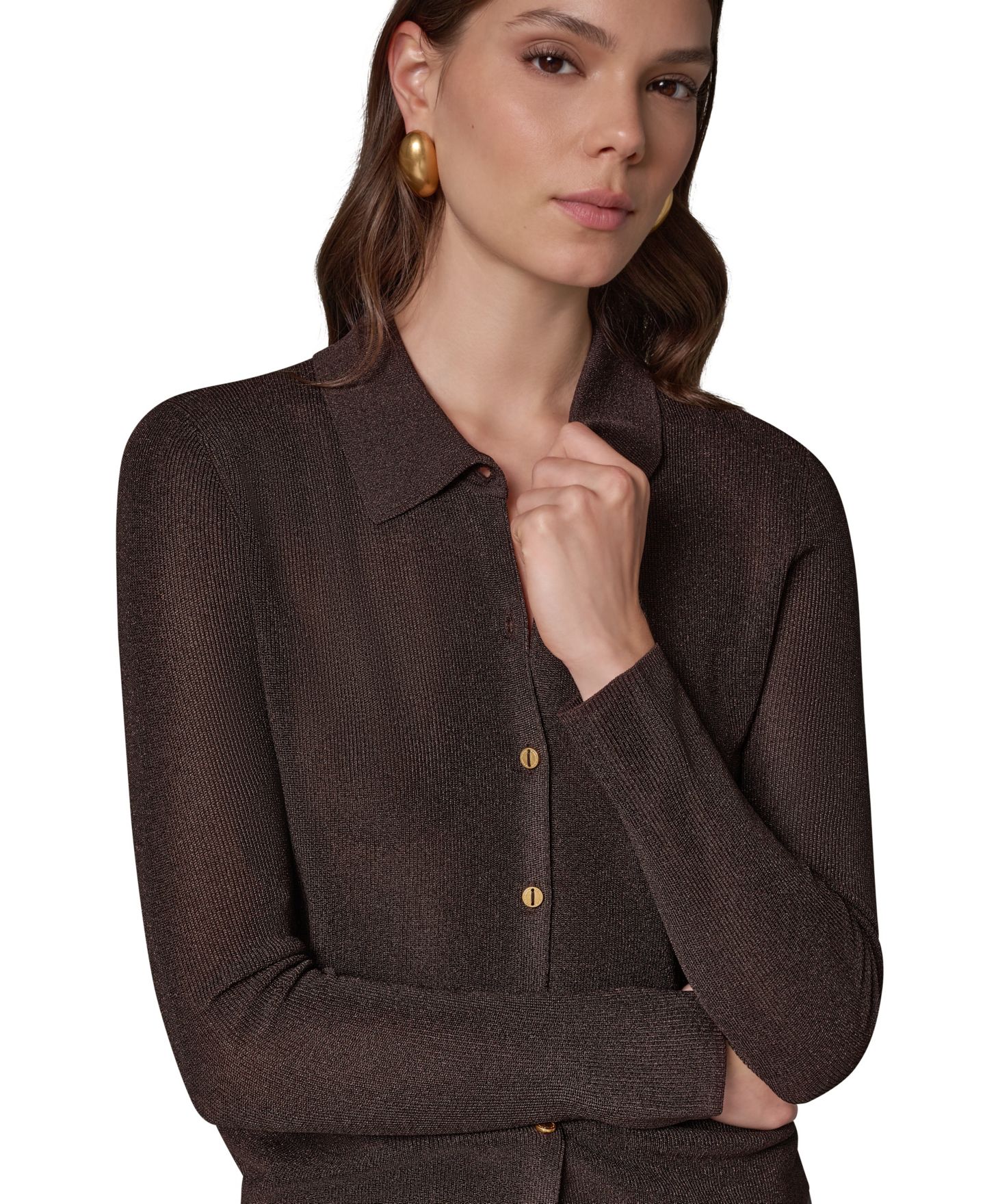 Женское поло Donna Karan New York Petite Long-Sleeve Fitted Polo Shirt, цвет: Тёмно-коричневый — фото 5