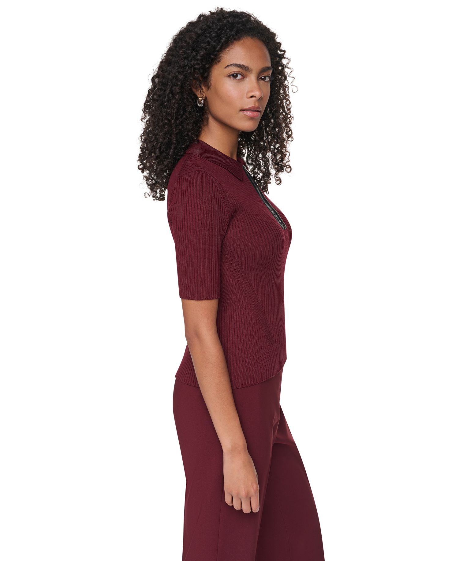 Petite Short-Sleeve Half-Zip Ribbed Cotton-Blend Sweater