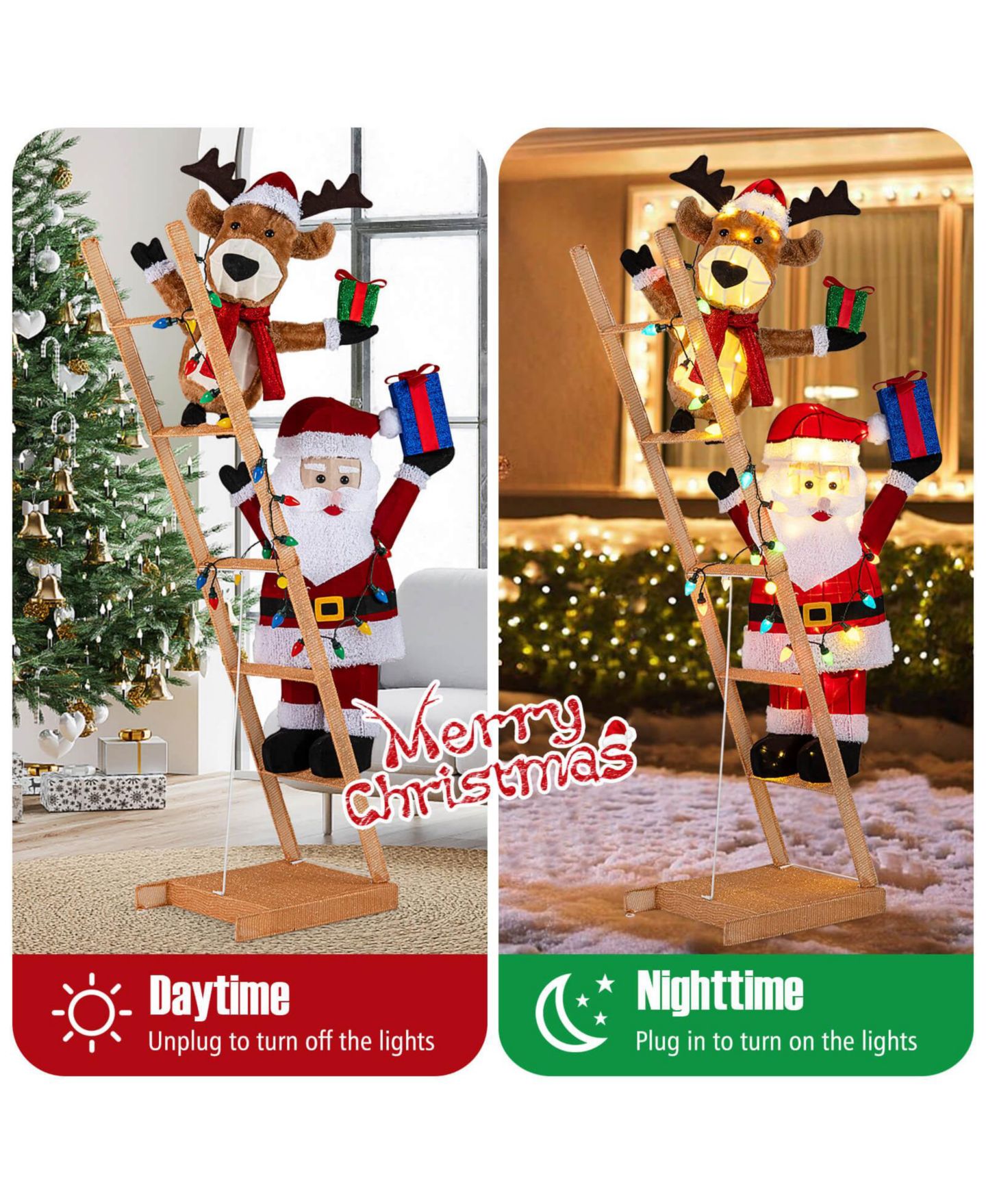 Детская игрушка Costway 5.5 FT Lighted Reindeer and Santa Claus on Ladder with 100 LED Lights, Zip Ties, цвет: Красный — фото 9