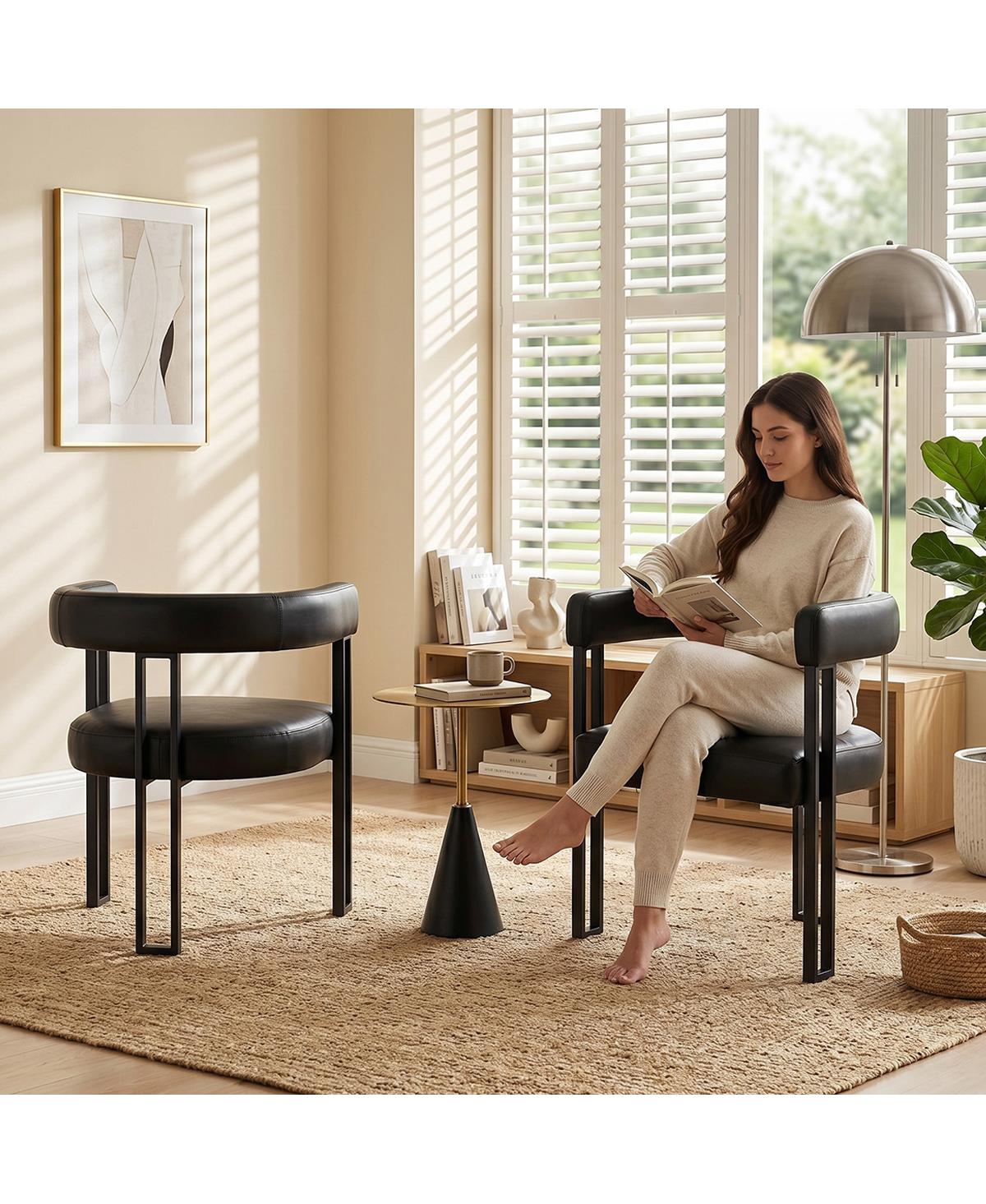 Maison Boucle Modern Dining Chair with Arms Set of 2, Upholstered Pu Leather, 3-Leg Metal Sled-Style Base, Padded Seat