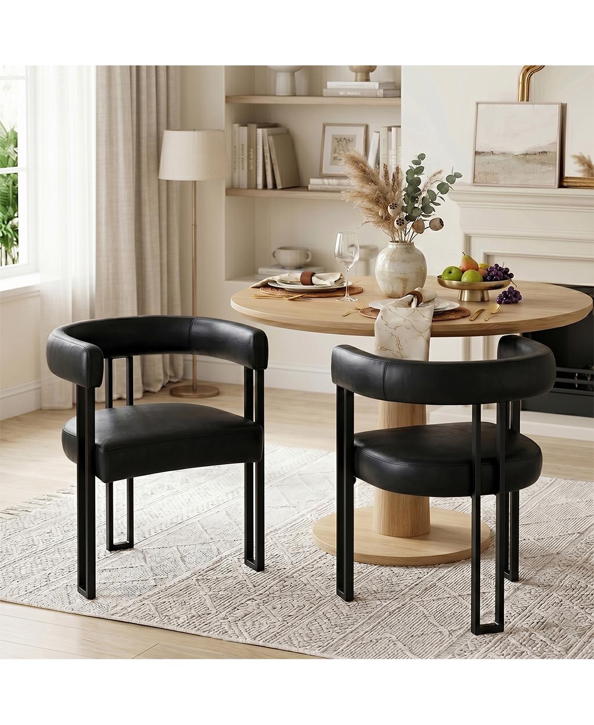 Maison Boucle Modern Dining Chair with Arms Set of 2, Upholstered Pu Leather, 3-Leg Metal Sled-Style Base, Padded Seat