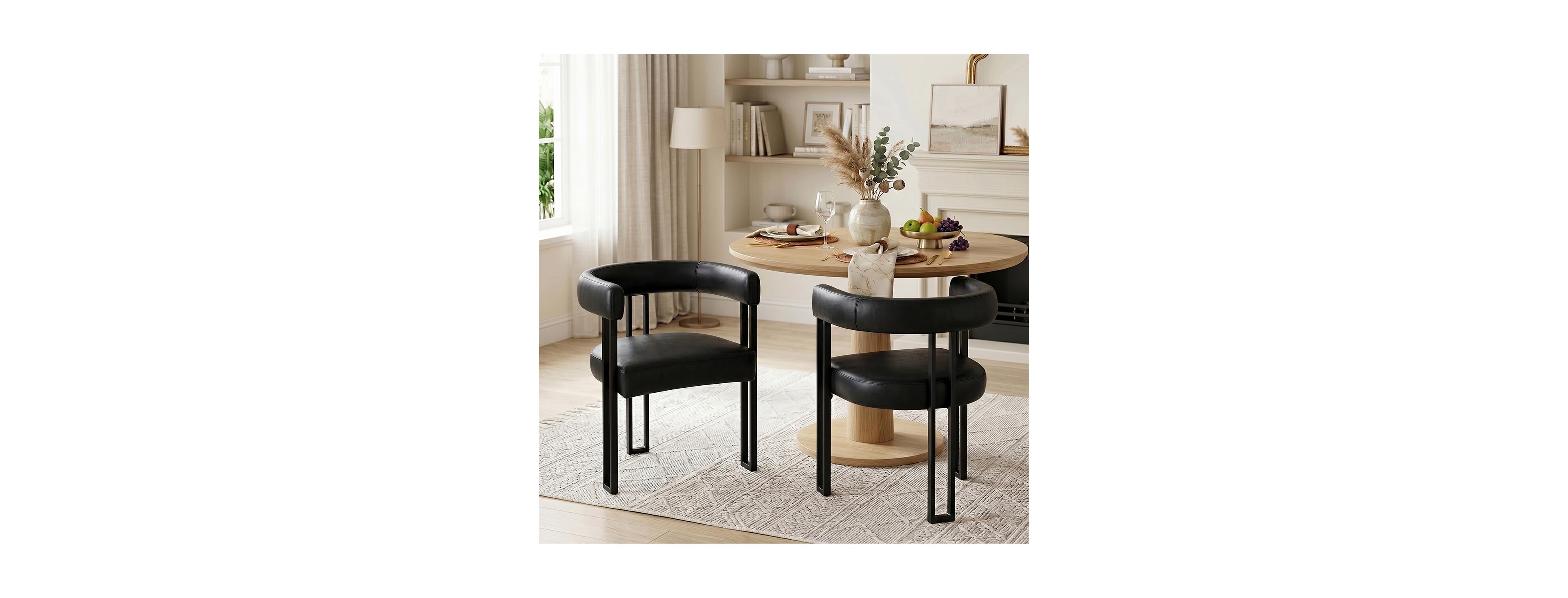 Maison Boucle Modern Dining Chair with Arms Set of 2, Upholstered Pu Leather, 3-Leg Metal Sled-Style Base, Padded Seat
