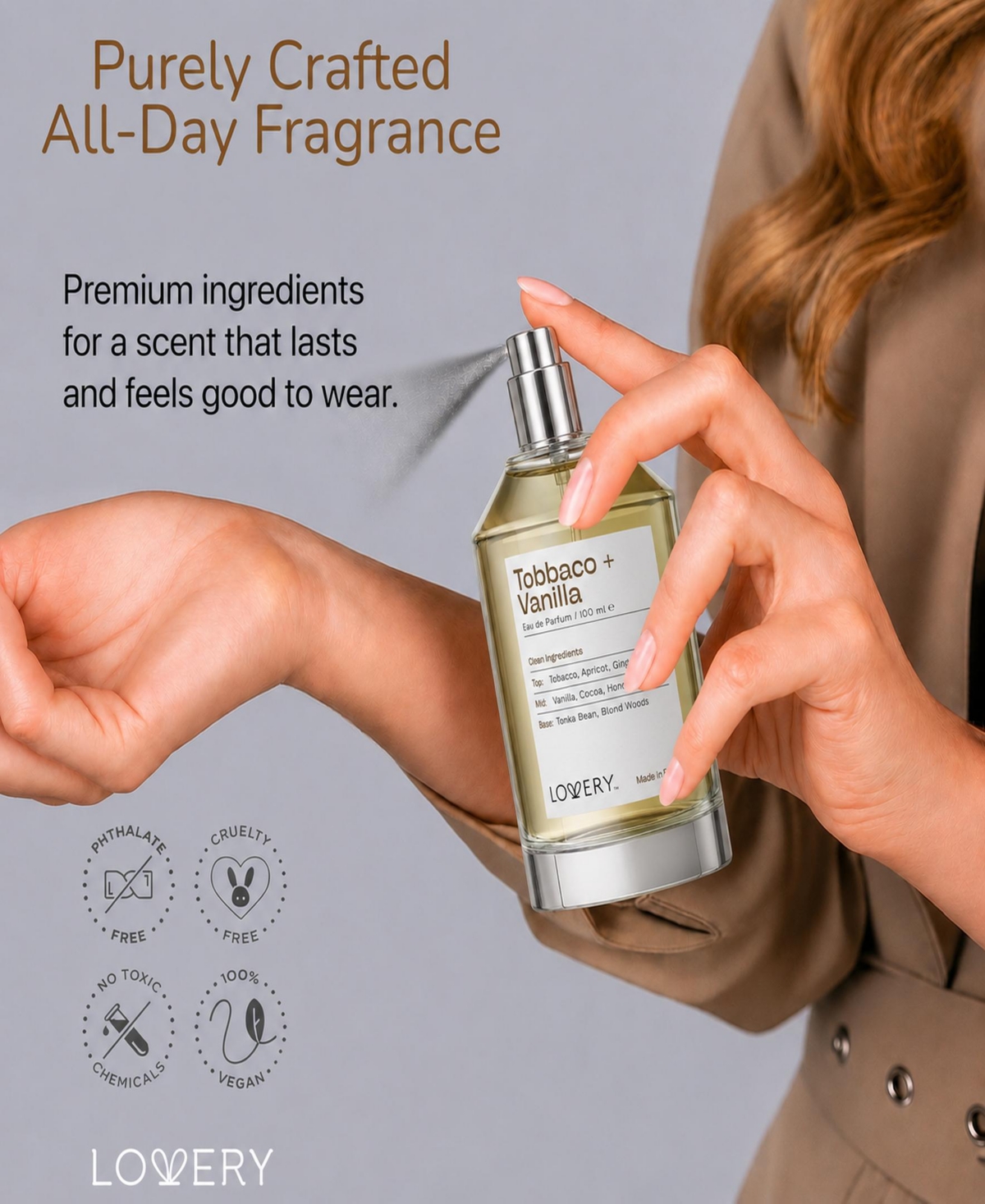 LoveryPlus Tobacco + Vanilla Eau de Parfum 3pc Gift Set - 3.4fl oz Perfume Gift Set with Mini Perfume and Free Gift Sample