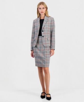 Women's Sleeveless Compression Plaid Sheath Dress & Two-Button Blazer