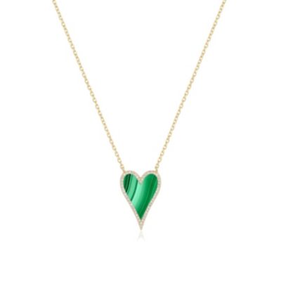 Elongated Malachite CZ Halo Heart Necklace 14K Gold-Plated Sterling Silver