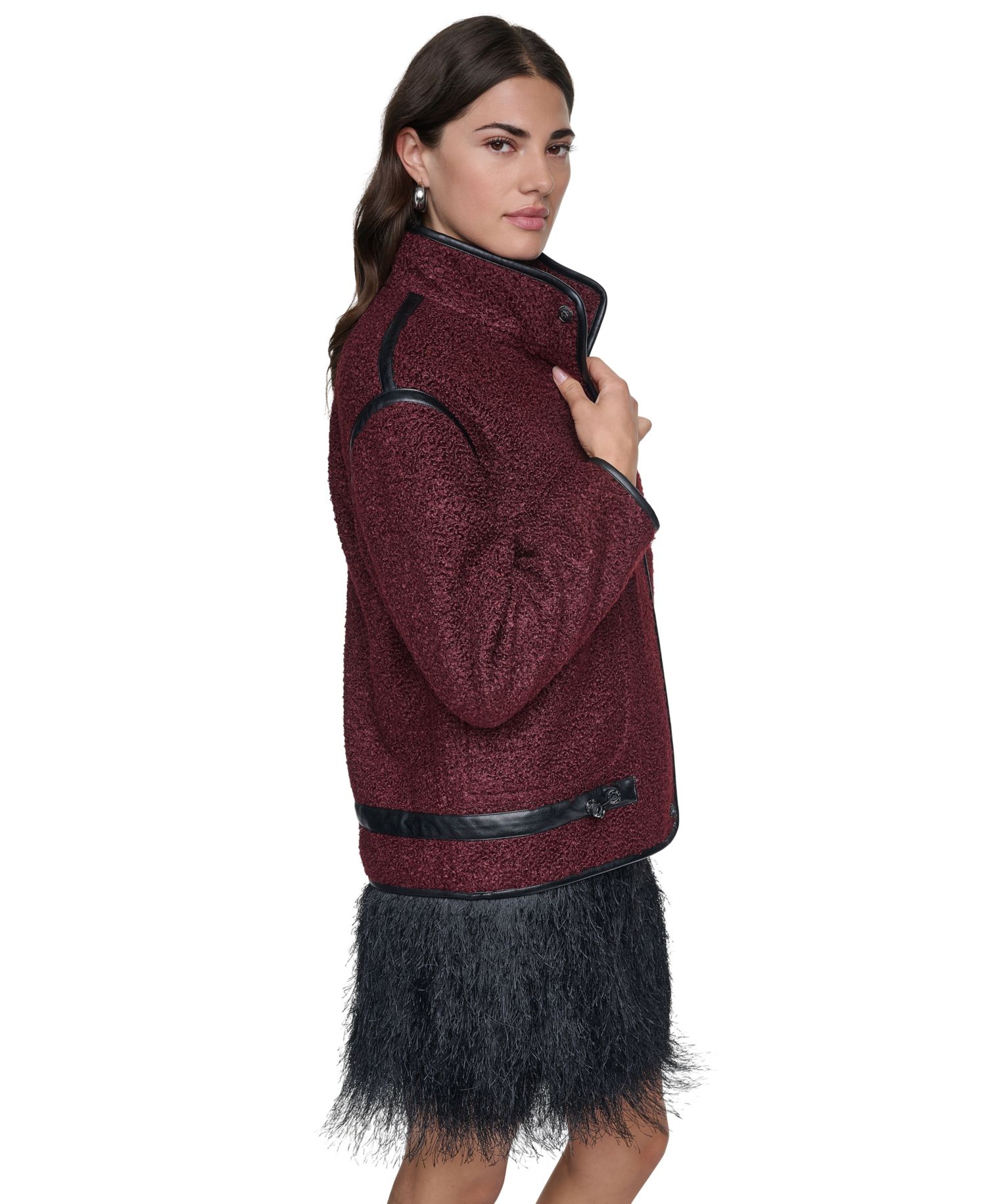 Women's Boucle Short Jacket with PU Trim