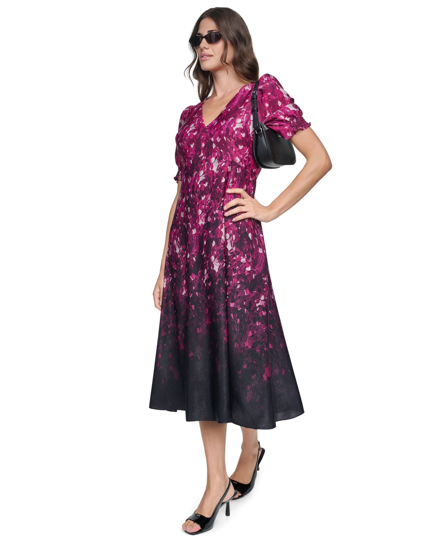 Women's Puff-Sleeve Printed Midi Dress