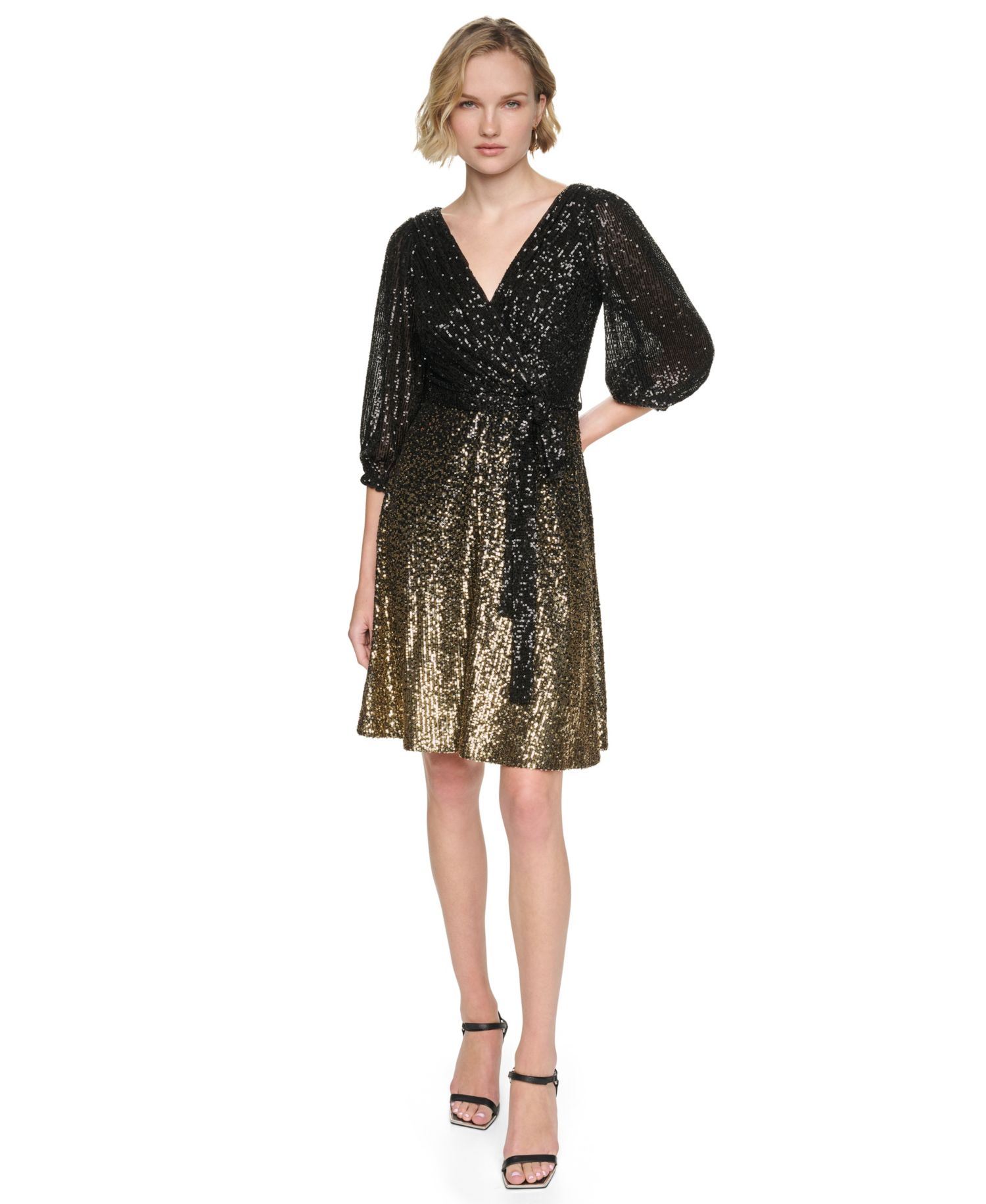 Women's Ombre Sequin Wrap 3/4 Balloon-Sleeve V-Neck Dress