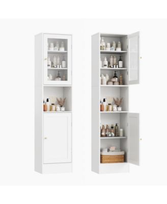 67 Tall Bathroom Storage Cabinet, Slim Glass-Door Storage Cabinet, Freestanding Towel Cabinet with Anti-Tip Design