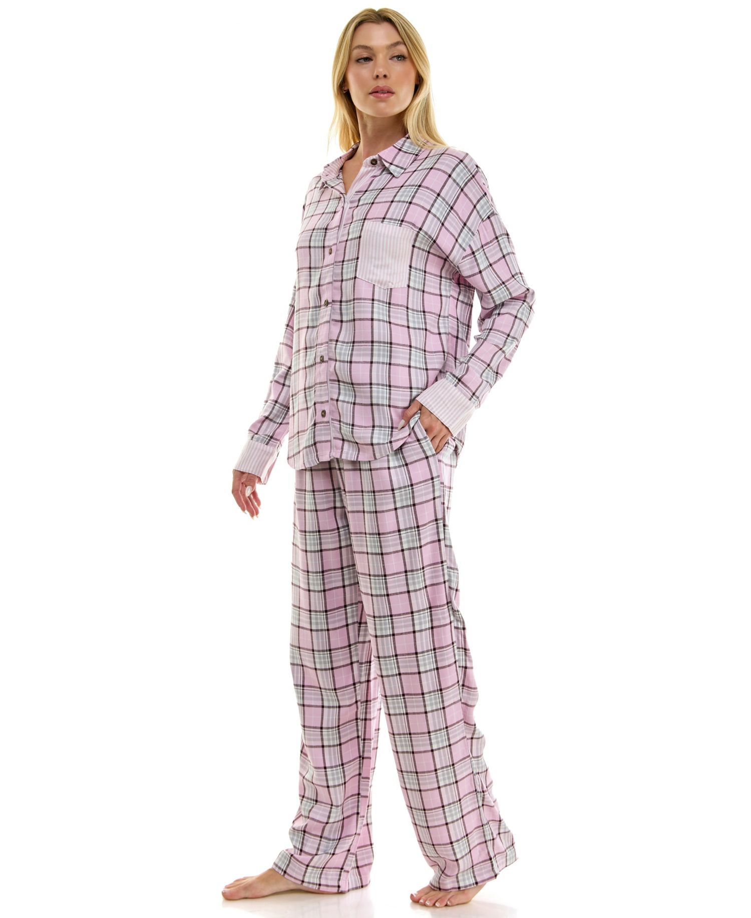 Women's Flannel Collared Long-Sleeve Shirt and Pant Pajama Set