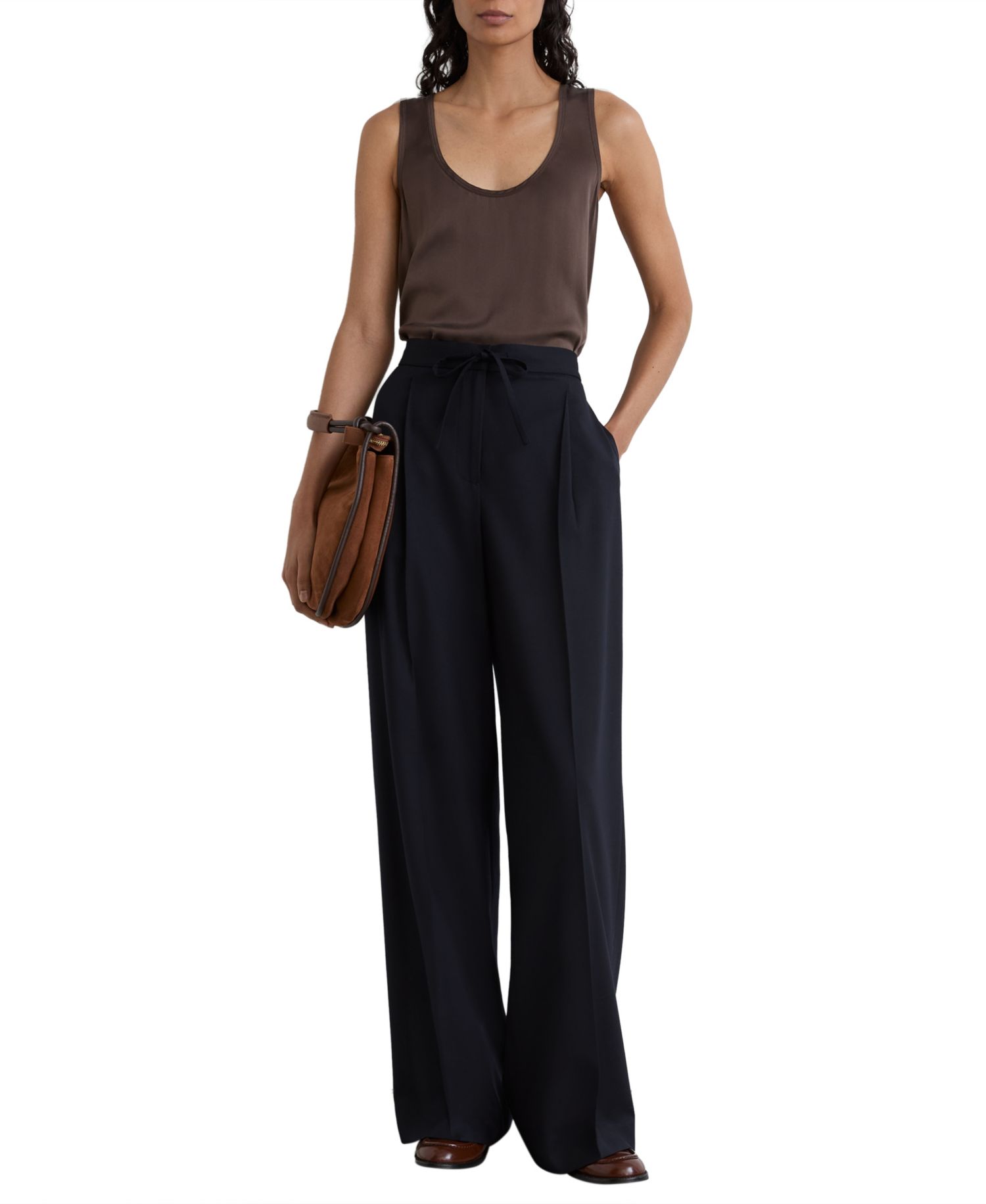 Petite Solene Pleated Drawstring Wool-Blend Wide-Leg Trousers