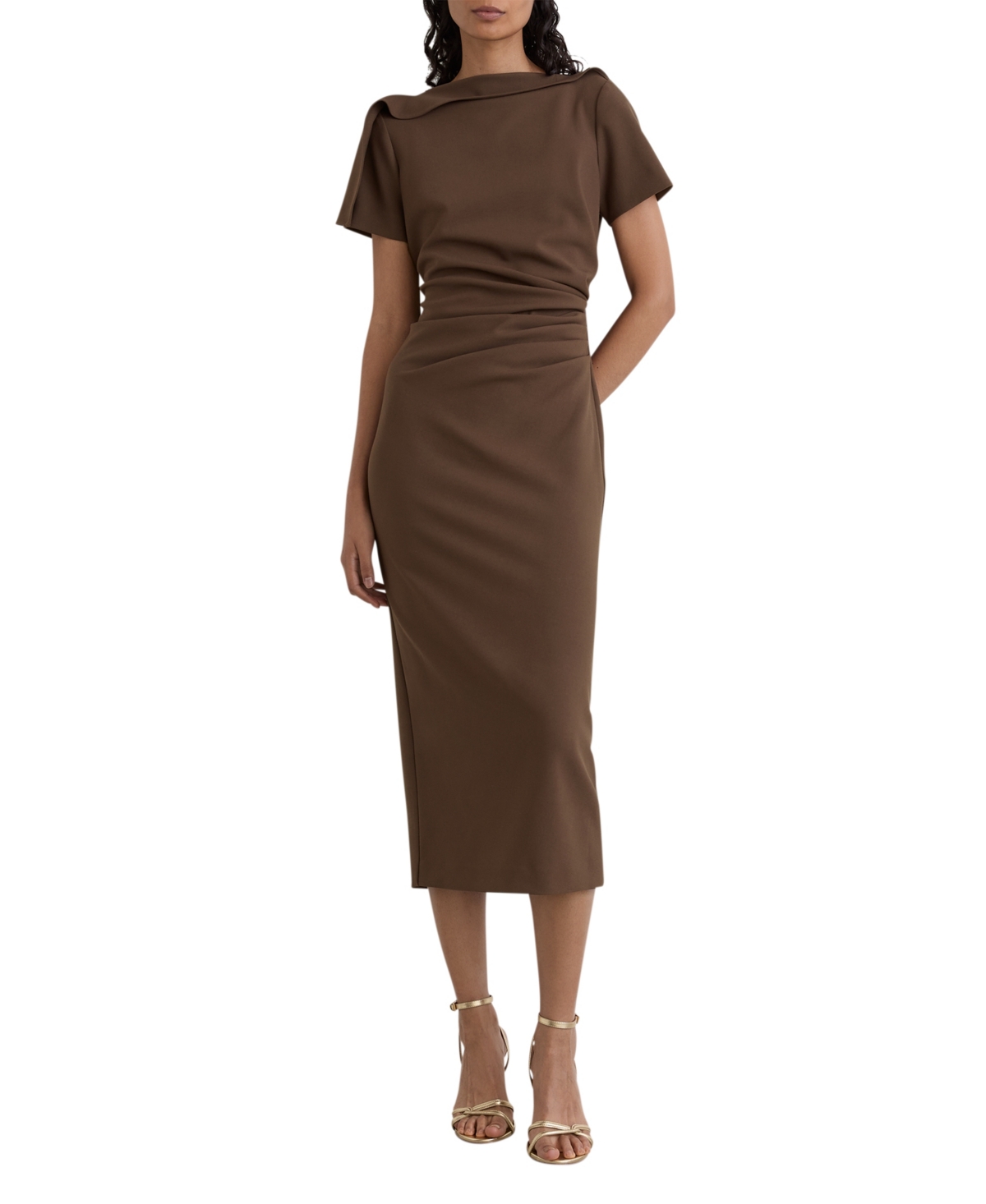 Reiss Women's Hilary Ruched-Detail Boat-Neck Midi Dress - Mocha Brown